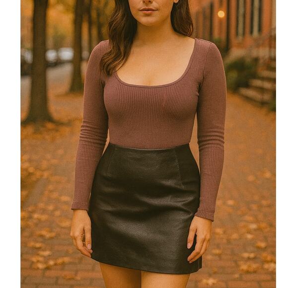 Abercrombie & Fitch Square Neck Ribbed Sweater Bodysuit Brown Medium Layer Fall - Picture 1 of 8